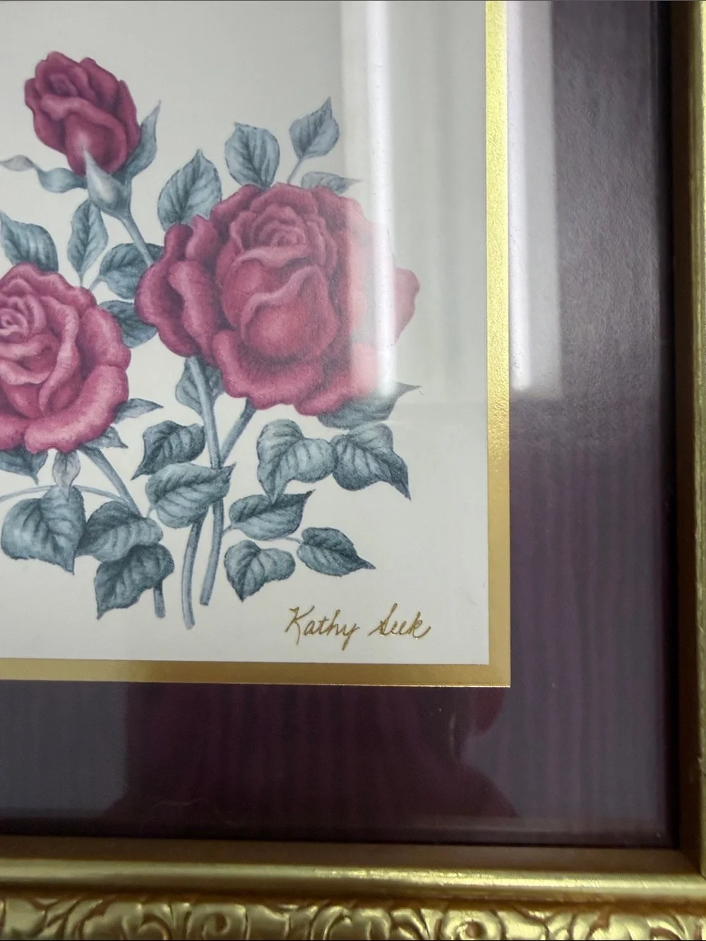 Gold Framed Floral Wall Art Pair with Burgundy Mats